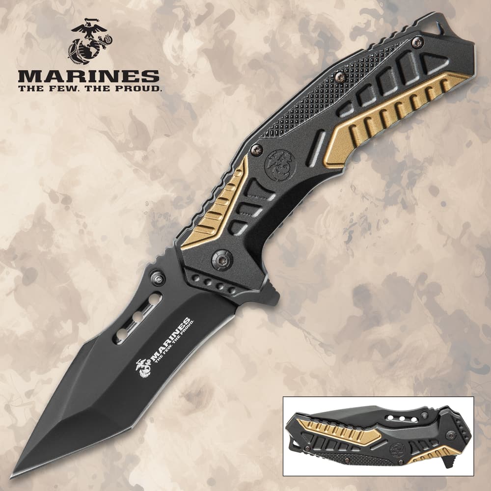 Black and gold tactical folding knife with Marines logo image number 0