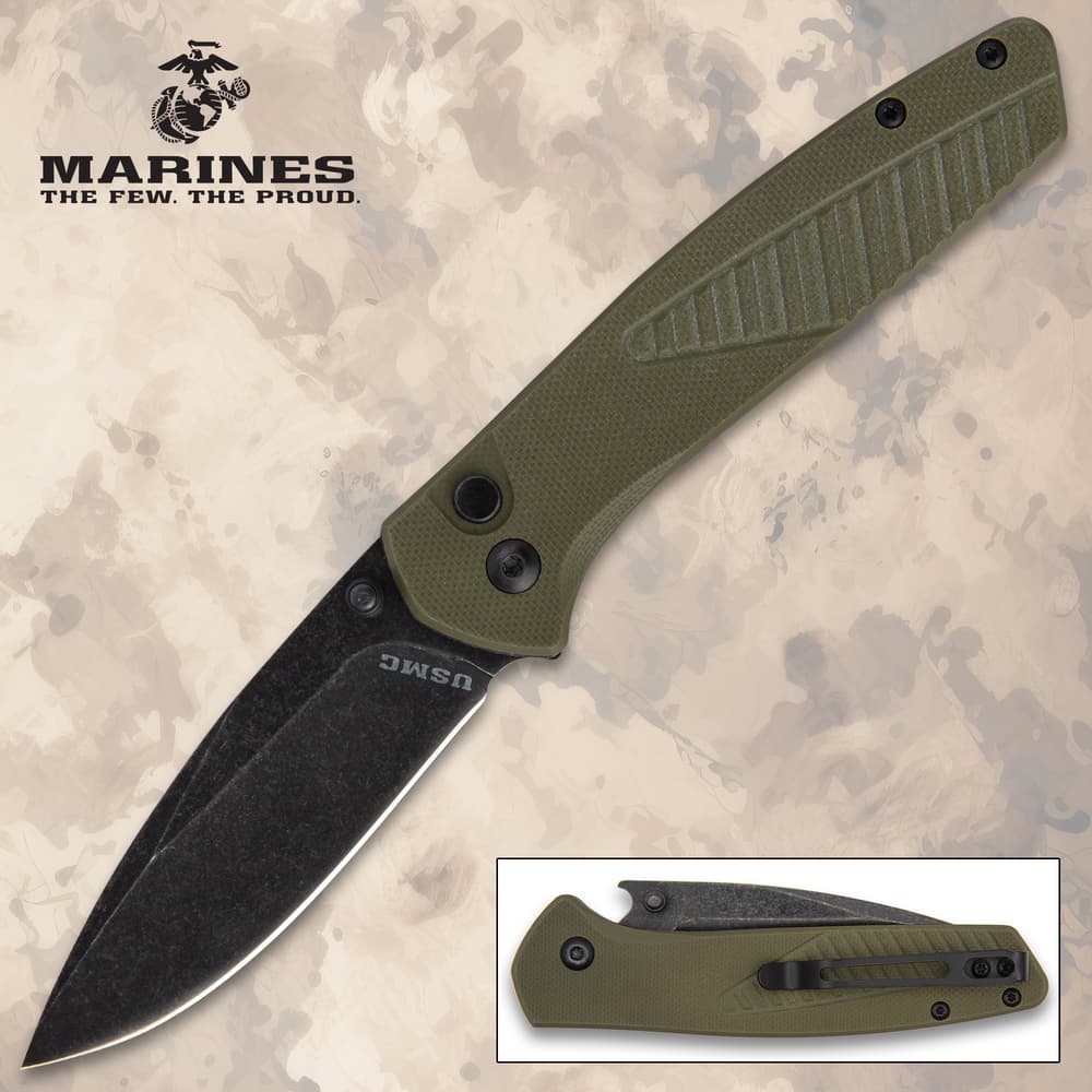 USMC folding knife with green handle and black blade image number 0
