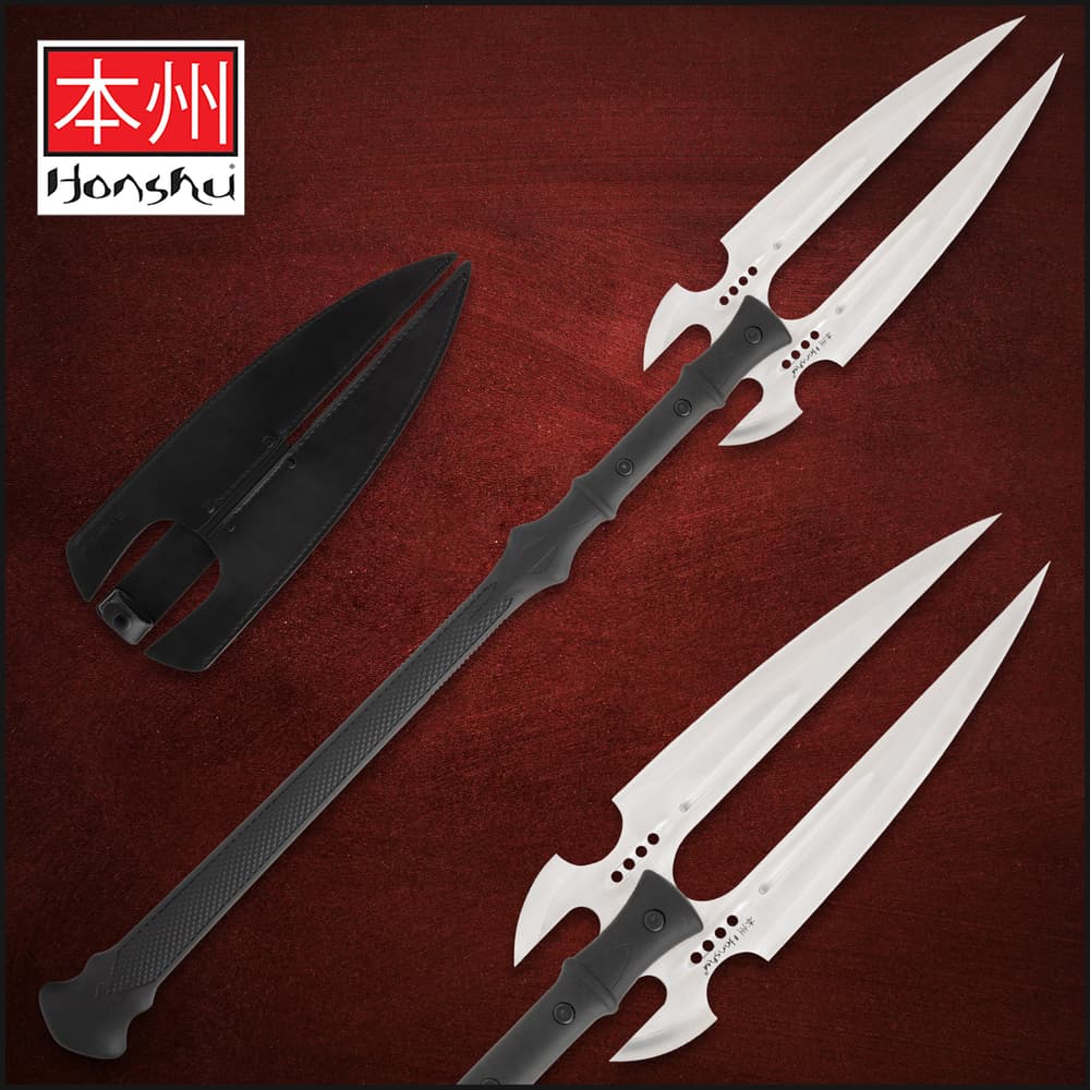 Double-headed spear with black handle and sheath on red background image number 0