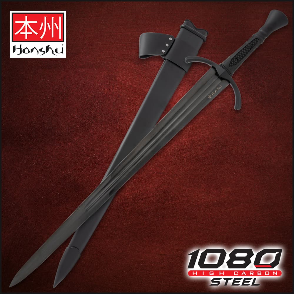 Black sword with sheath on red background, labeled 1080 high carbon steel image number 0