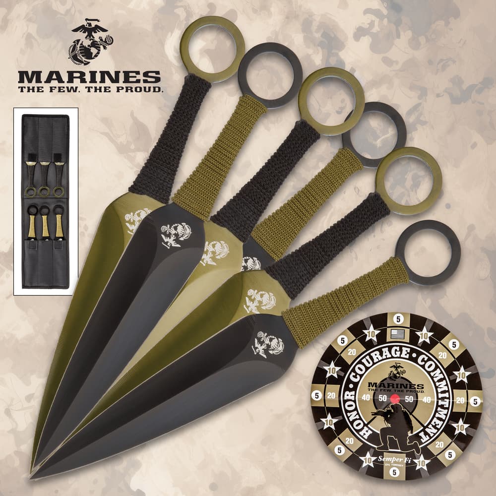 Set of five throwing knives with USMC logo and target image number 0