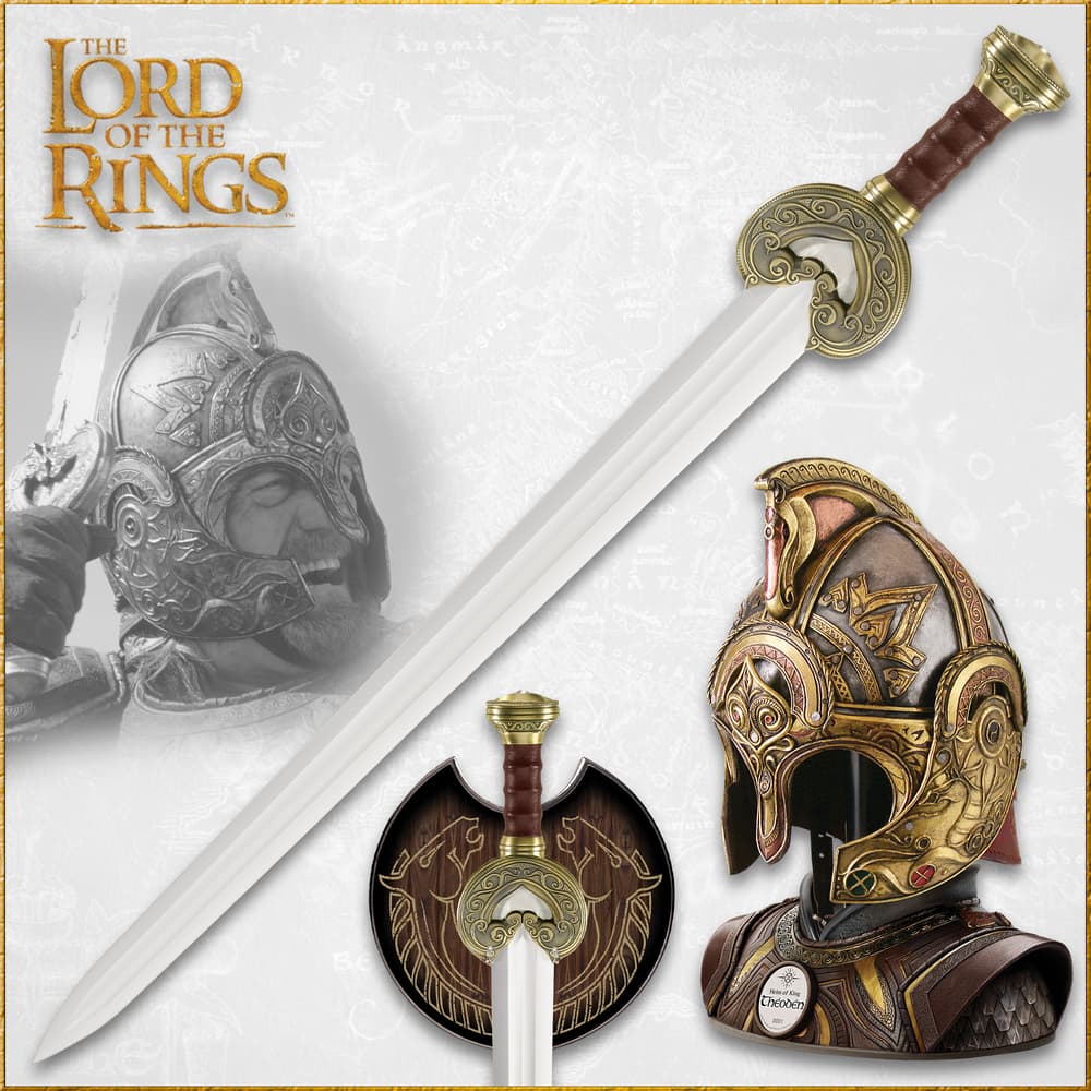 Full image of King Theoden's Sword and the Helm of King Theoden included in the Lord of the Rings King Theoden Collection. image number 0