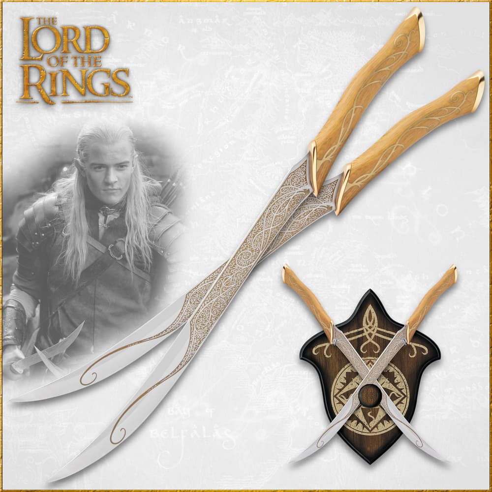 Lord of the Rings Legolas Greenleaf fighting knives with vine lines on sharp blade and polyresin wood handles lying crossed image number 0