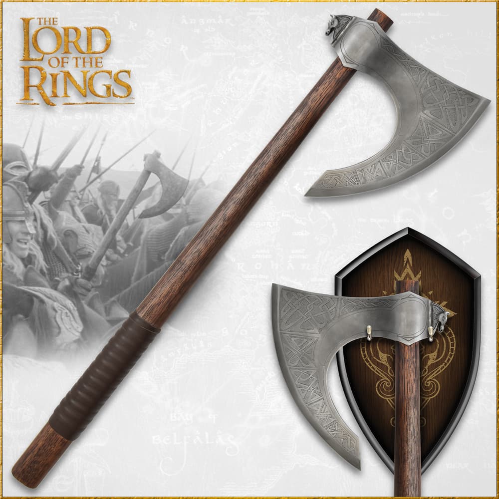 The Lord of the Rings Rohan Axe shown with and without its display plaque image number 0