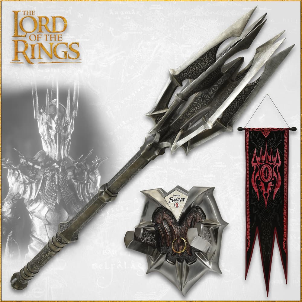 Replica of the a massive six-bladed, black iron war mace from Lord of the Rings next to war banner with red accents image number 0