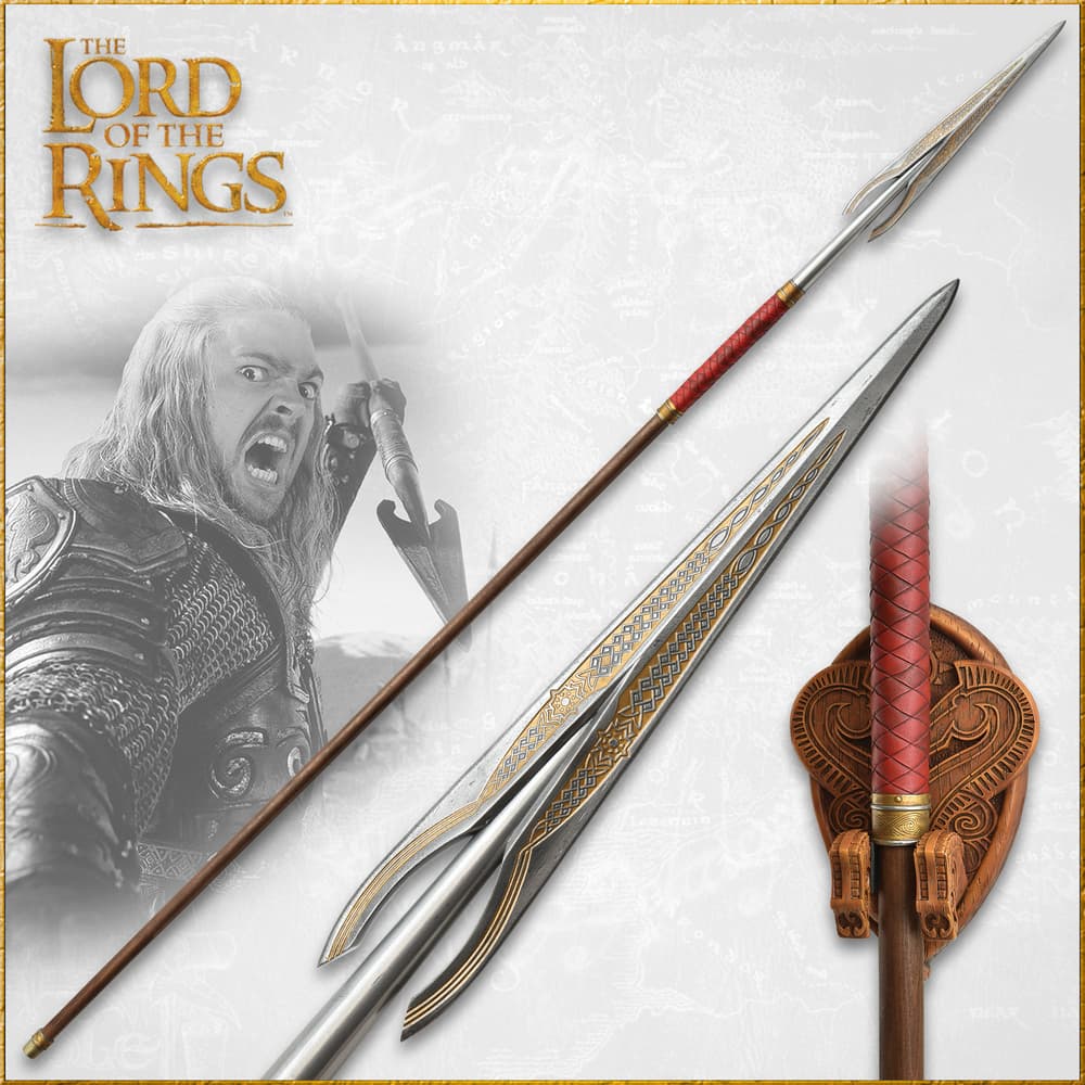 LOTR spear etched with details, crafted of wood with red accents at base of the spear head with wall display with engravings image number 0