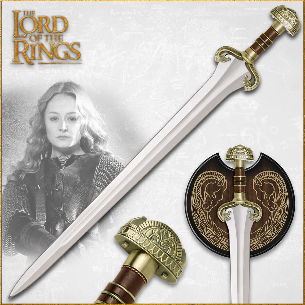 Lord of the Rings replica 420 stainless steel sword with a metal guard and brass plated pommel with famed horses of Rohan on hilt image number 0