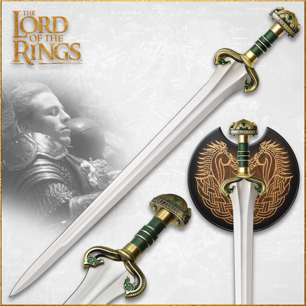 Lord of the Rings replica stainless steel sword of Théodred with a green enameled grip and hilt adjacent to wood wall display image number 0