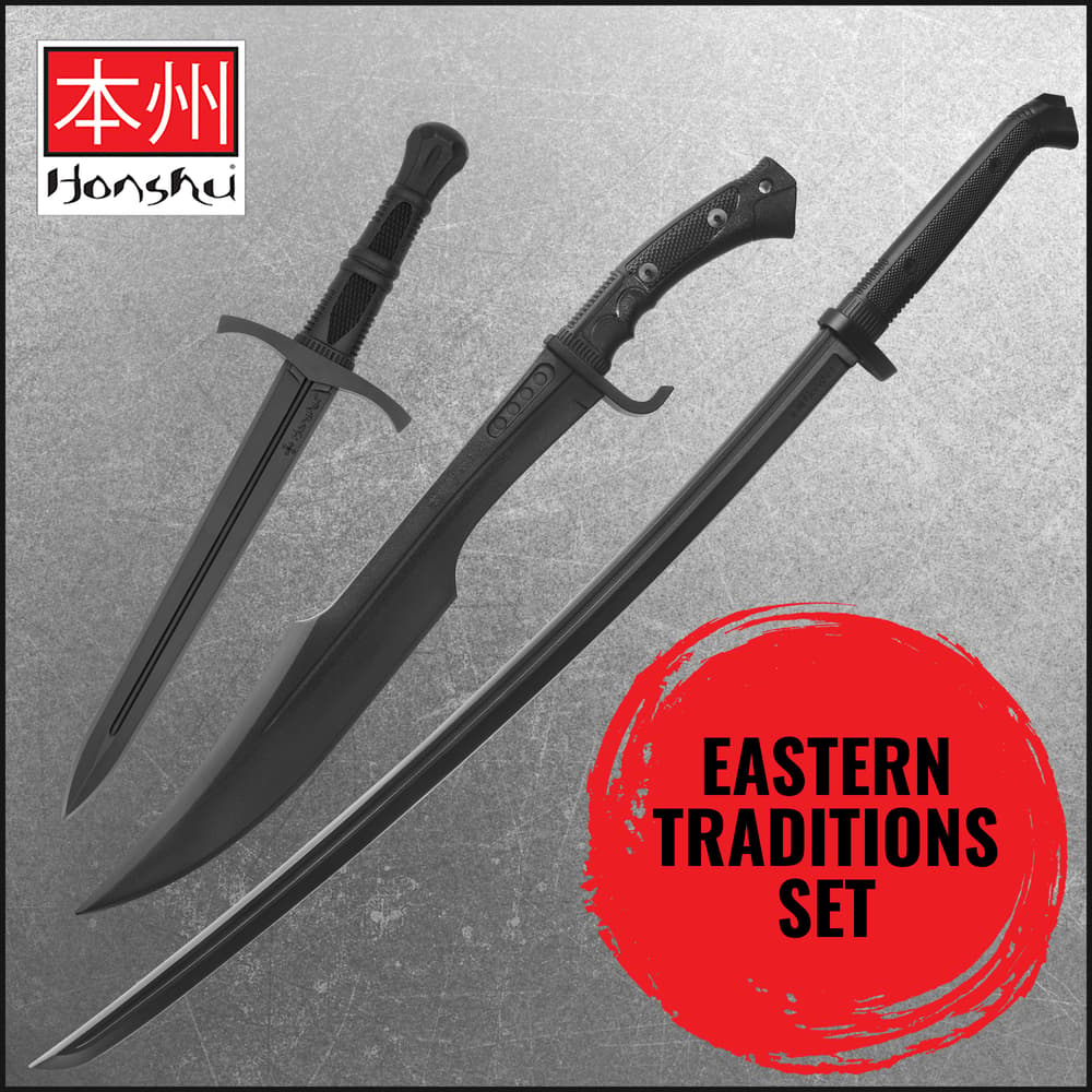 Full image of the Honshu Katana Training Sword, Spartan Training Sword, and Training Dagger included in the Eastern Traditions Set. image number 0