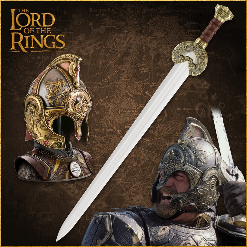 Full image of King Theoden's Sword and the Helm of King Theoden included in the Lord of the Rings King Theoden Collection. image number 0