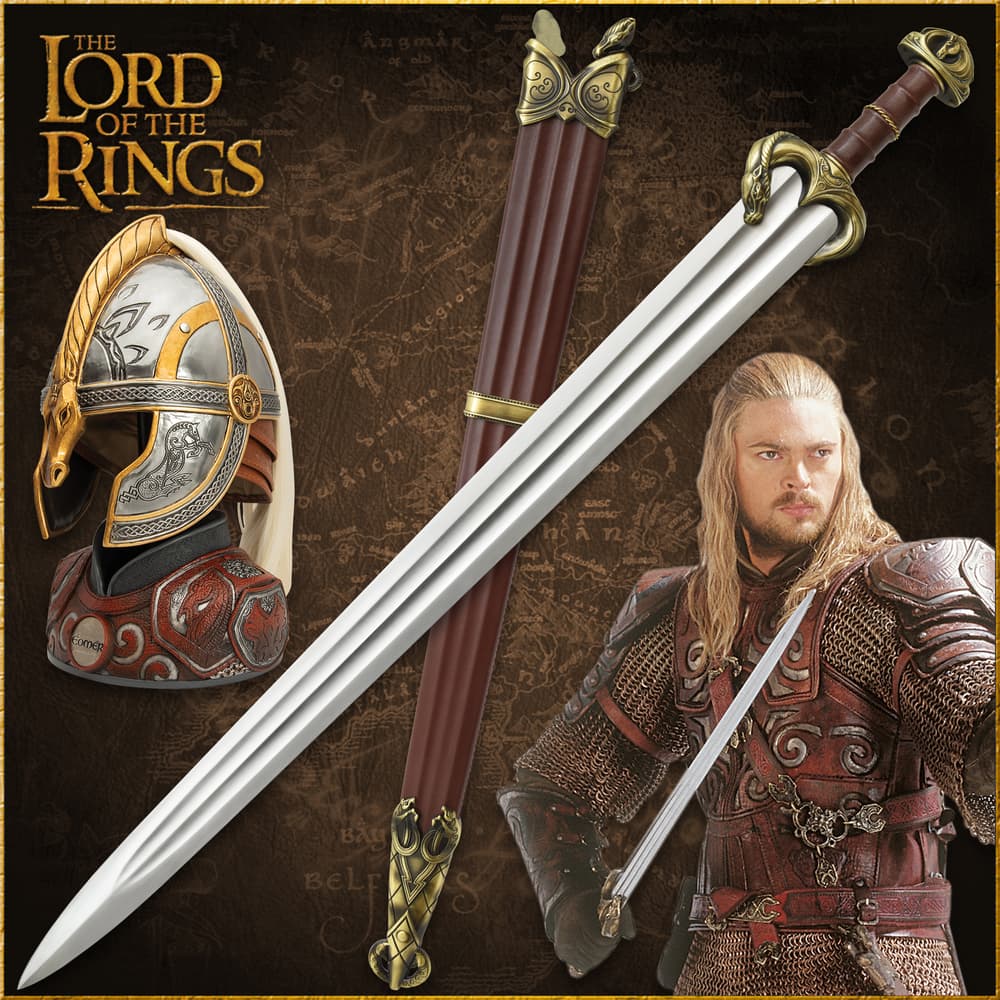 This image shows the sword of Eomer lying on its scabbard next to Eomer's helm. image number 0