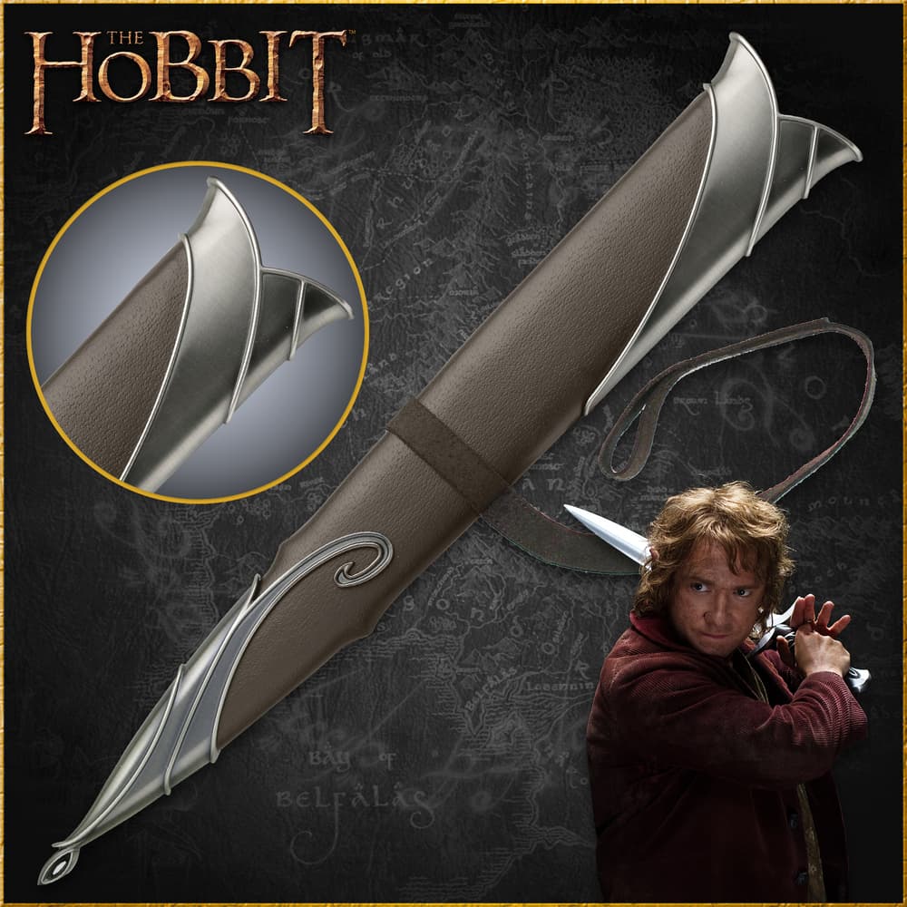 Scabbard for The Hobbit film’s Sting sword shown in full with leather wrapping and metal fittings. image number 0