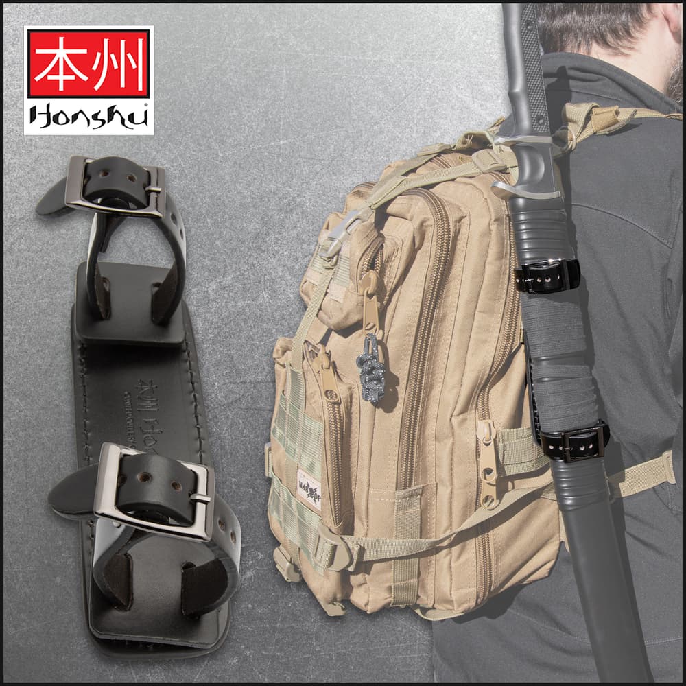 Full image of the Honshu Leather Frog by itself and clipped on a backpack with a Honshu sword. image number 0