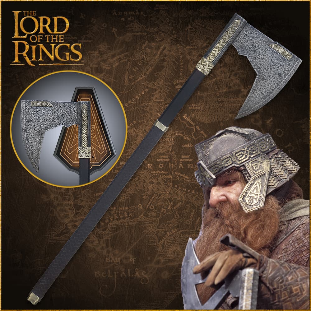 The Lord of the Rings Bearded Axe of Gimli replica shown held by the film character Gimli and in full with weathered steel finish. image number 0