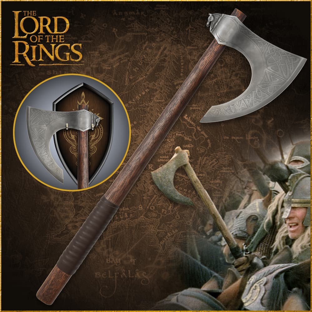 The Lord of the Rings Rohan Axe shown with and without its display plaque image number 0
