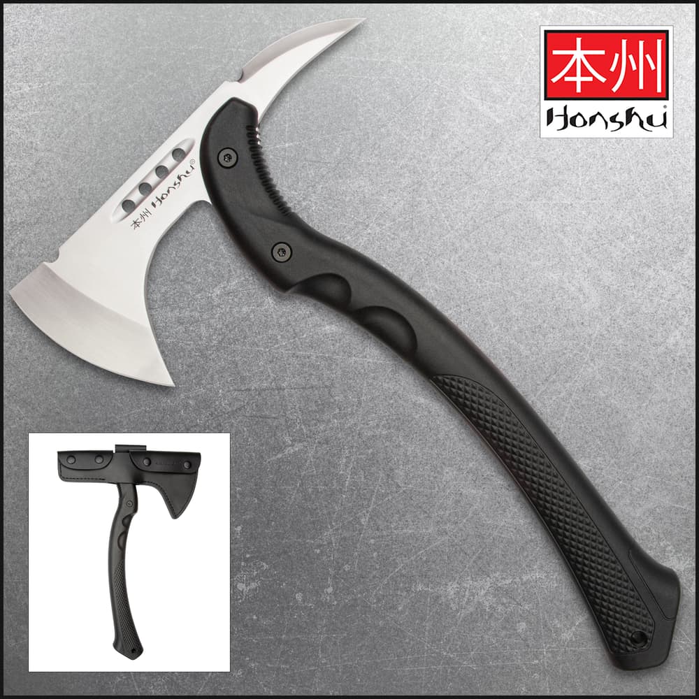 Curved tomahawk axe with a black nylon textured handle and stainless steel blade with Honsu printed in black on the center on a background of tactical gear. image number 0