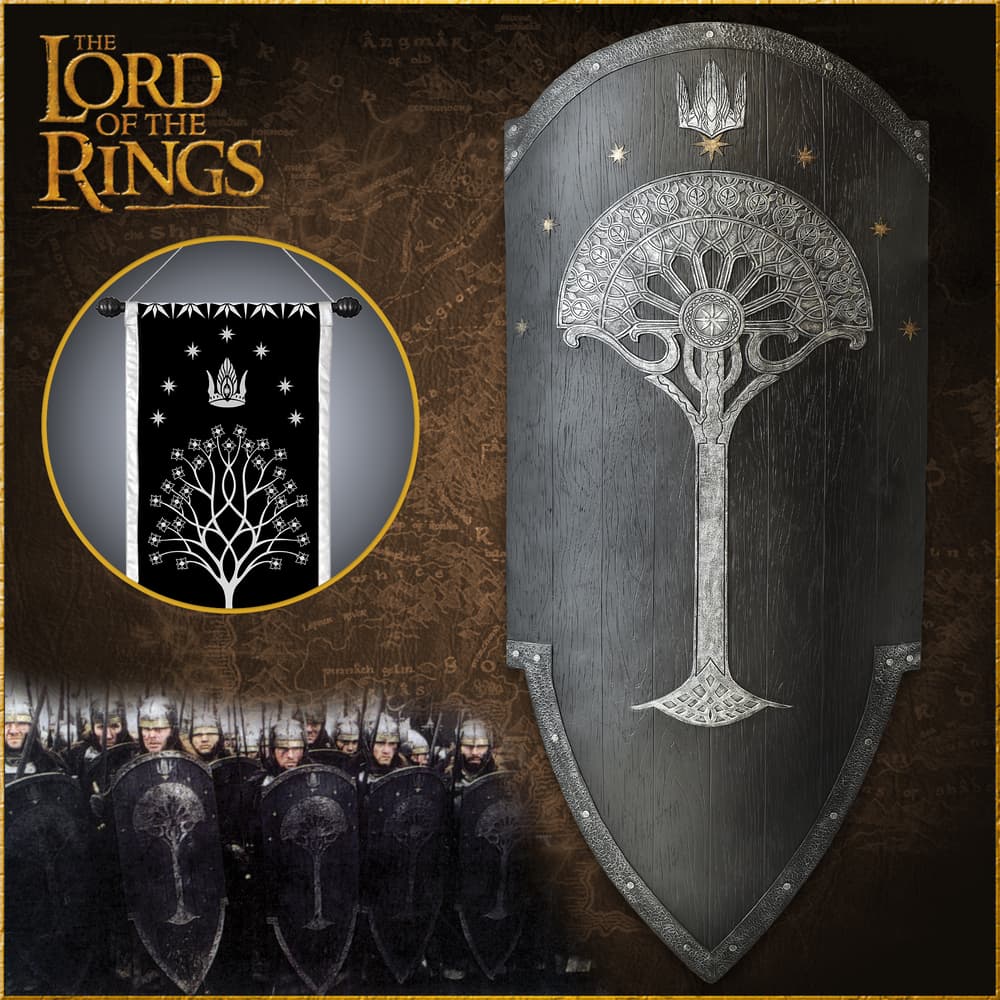 The Second Age War Shield of Gondor with Tree of Gondor motif is shown with included cloth war banner and handle on back. image number 0