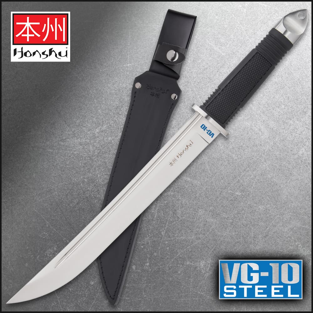 VG-10 Honshu Tanto Knife shown with VG-10 steel blade and TPR handle on a tactical background. image number 0