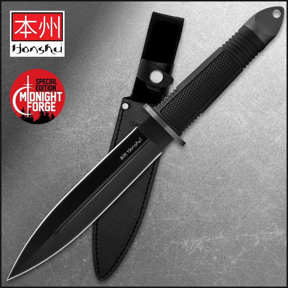 United Cutlery Honshu Fighter Knife has a 440A stainless steel blade and rubberized grip, shown on background of tactical gear. image number 0