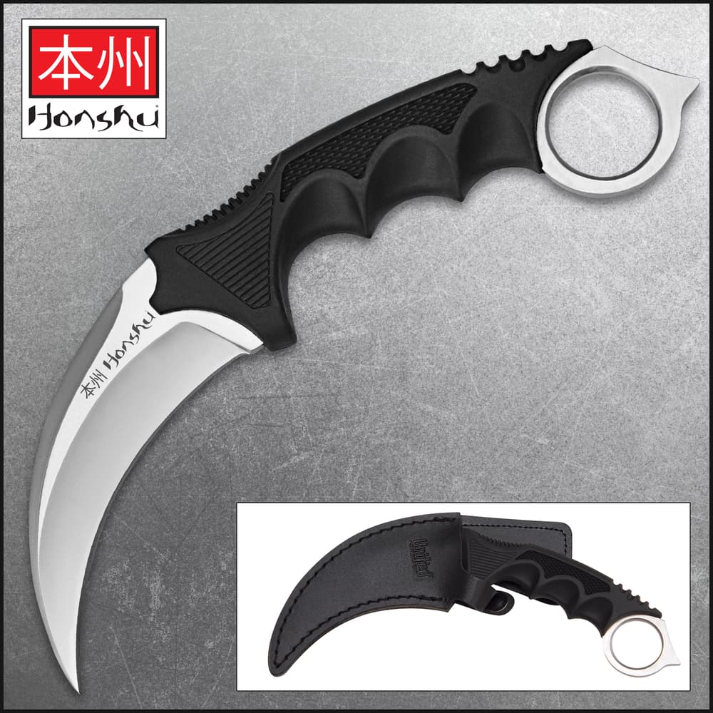 United Cutlery Honshu Karambit has a 7Cr13 stainless steel blade and over-molded handle with leather boot sheath. image number 0