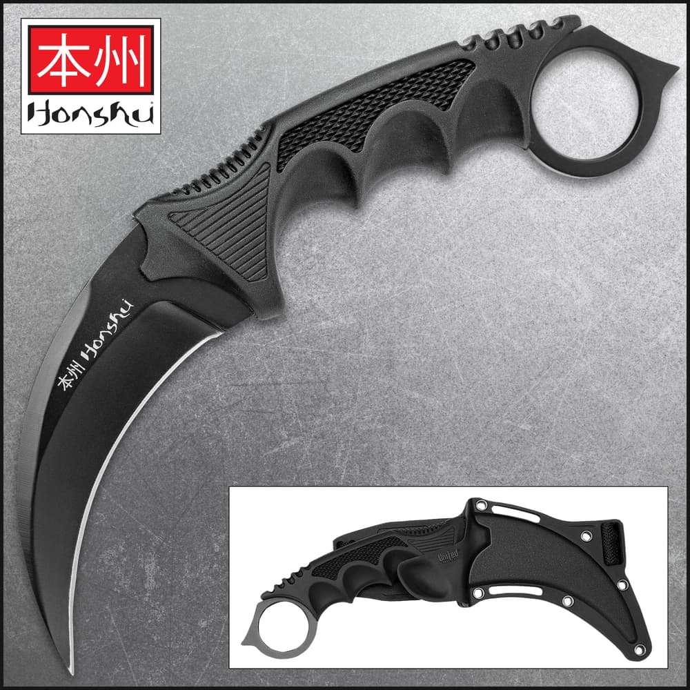 United Cutlery Black Honshu Karambit has a 7Cr13 stainless steel curved blade, over-molded TPU handle, and shoulder harness sheath. image number 0