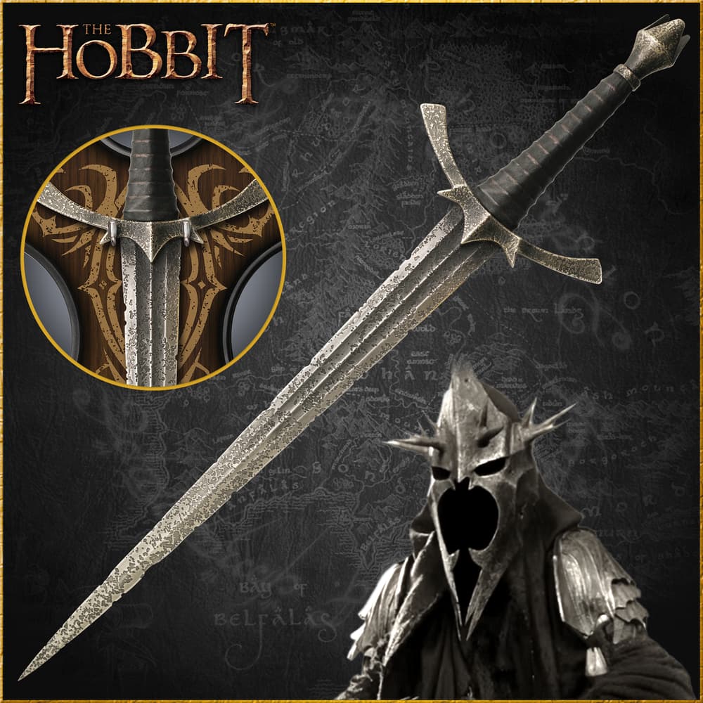 The Hobbit Morgul-blade shown with stainless steel blade and leather wrapped grip and on wooden wall display. image number 0