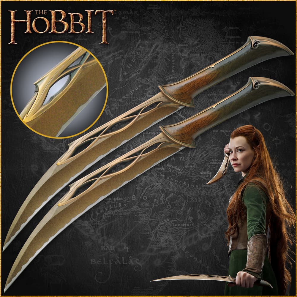 The Hobbit Fighting Knives of Tauriel shown held by the character, on wooden wall plaque, and laid side by side. image number 0