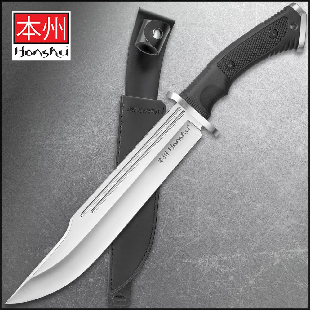 The Honshu Conqueror Bowie Knife has a 10 7/8” 7Cr13 stainless steel blade with blood grooves and textured TPR handle, shown on tactical background. image number 0