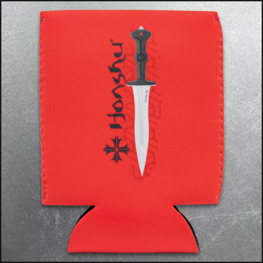 A red koozie is shown printed with black “HONSHU” logo and image of a dagger with black handle. image number 0