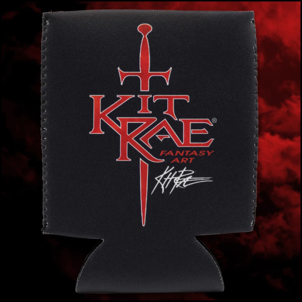 A black koozie is shown printed with red Kit Rae logo with sword image and Kit Rae’s signature  in white. image number 0