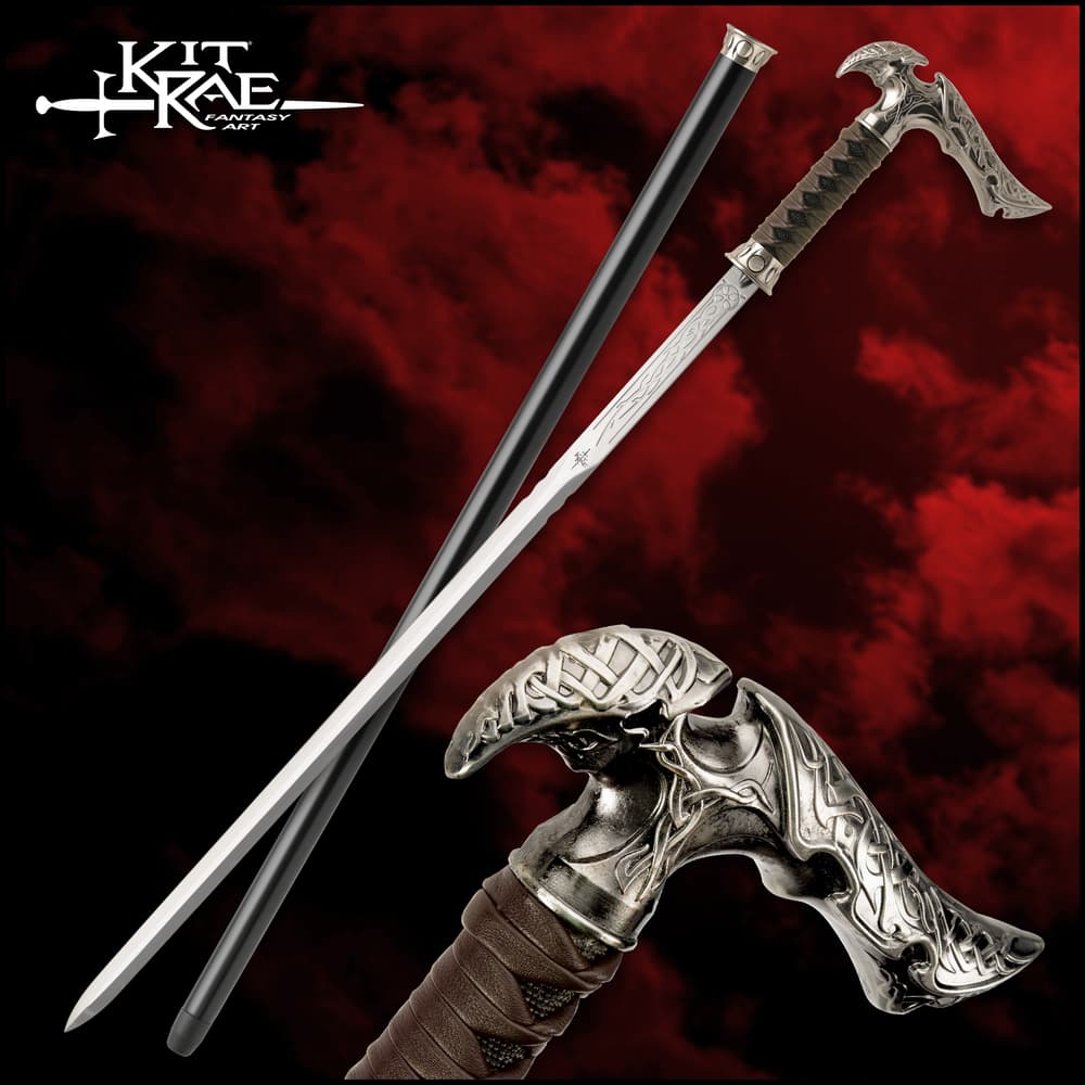 Kit Rae Axios forged sword cane shown in full next to cane scabbard and with detailed view of the intricate cast metal handle. image number 0