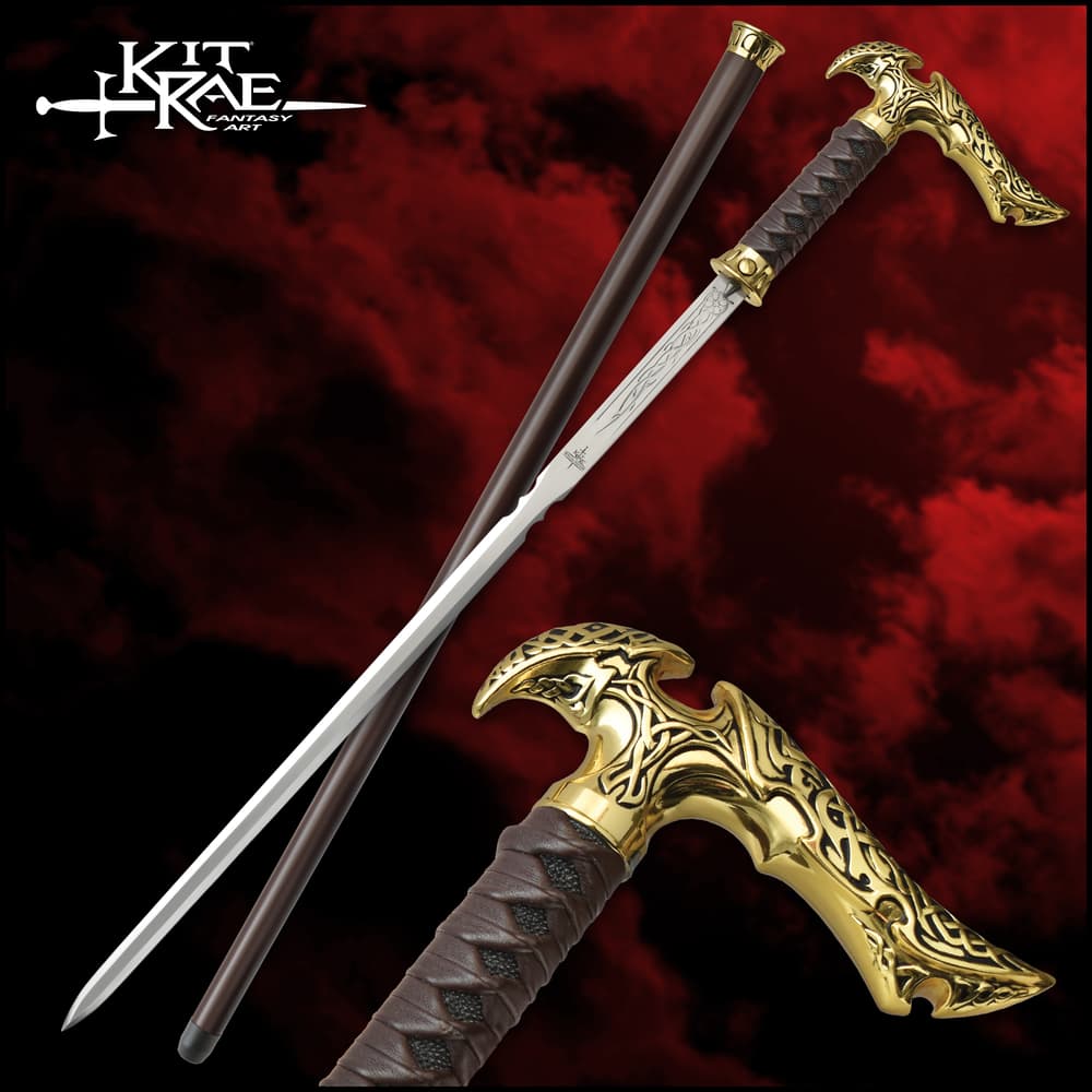 Full image of the Kit Rae Axios Gold Forged Sword Cane and scabbard. image number 0