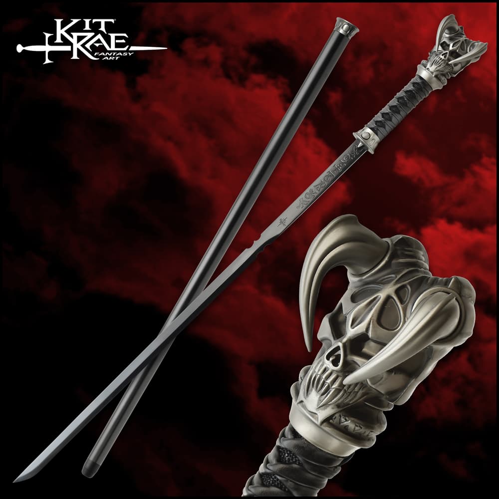 Full image of the Kit Rae® Black Vorthelok Forged Sword Cane and wooden shaft. image number 0