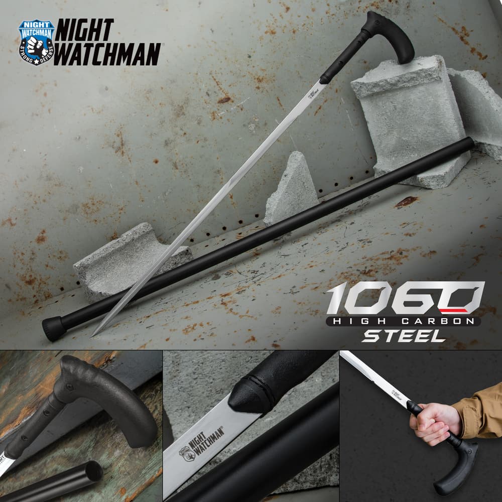 Night Watchman 1060 High Carbon Steel Sword Cane shown with both the blade out and in the cane shaft. image number 0