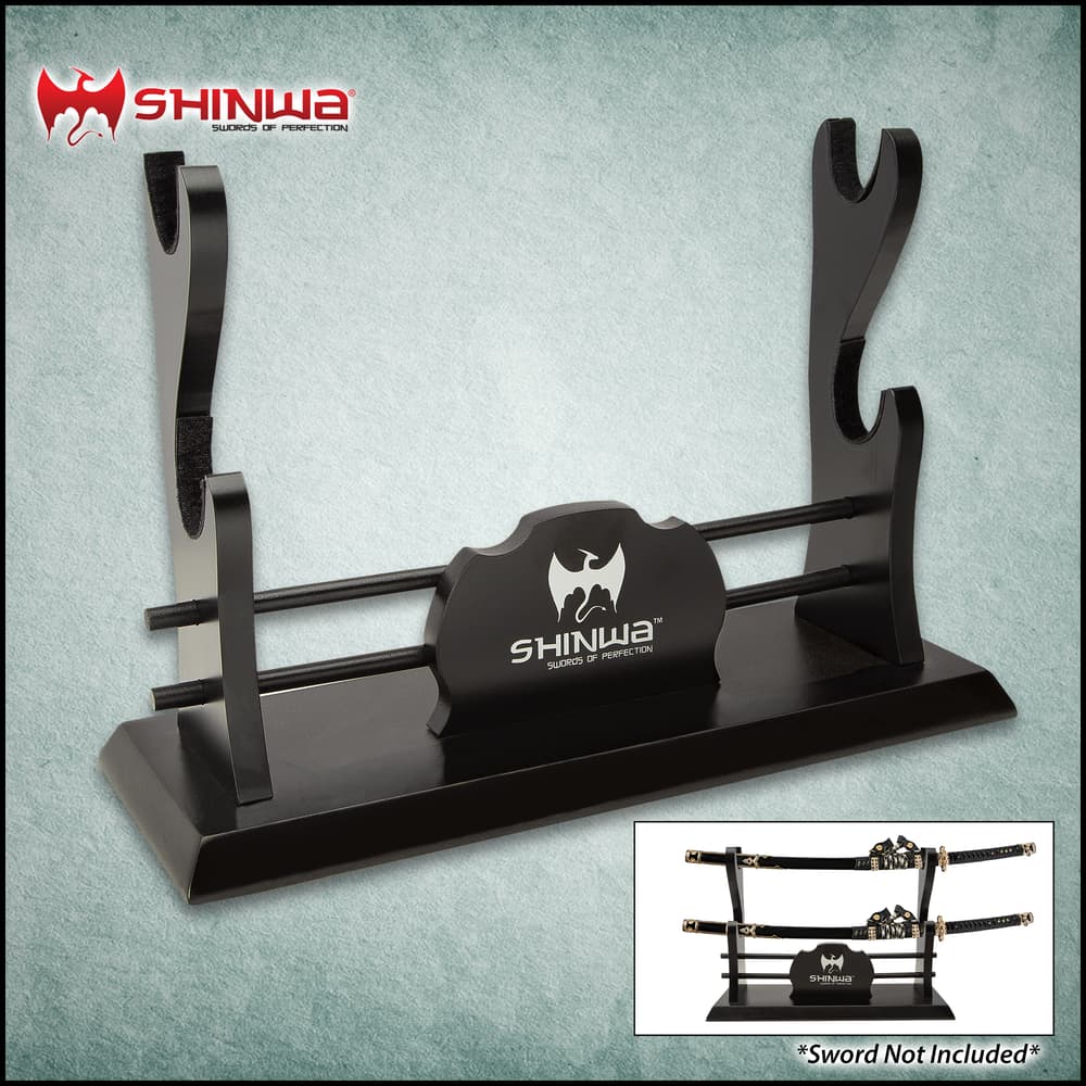 Shinwa black two-tier sword stand shown with and without swords. image number 0