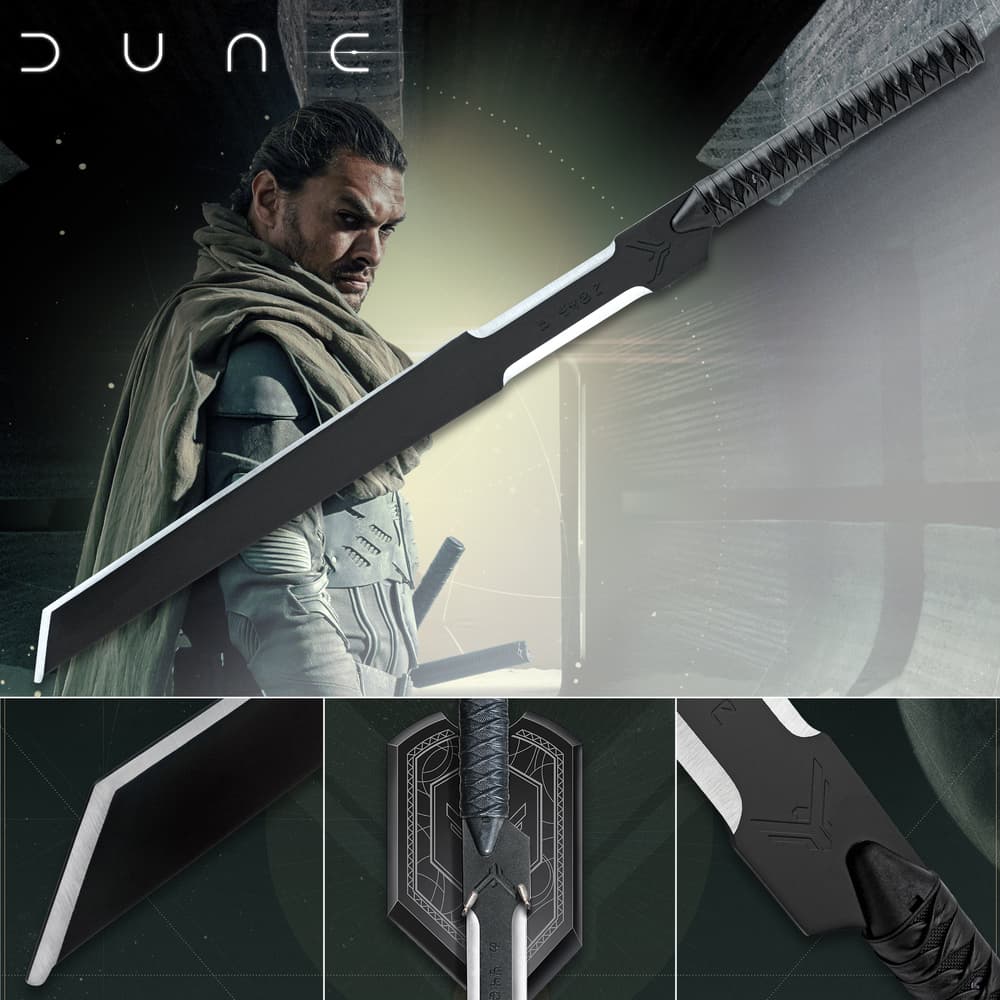 The Long Blade of Duncan Idaho, an exact film prop replica, showcased alongside the character from Dune and mounted on its elegant wall plaque. image number 0