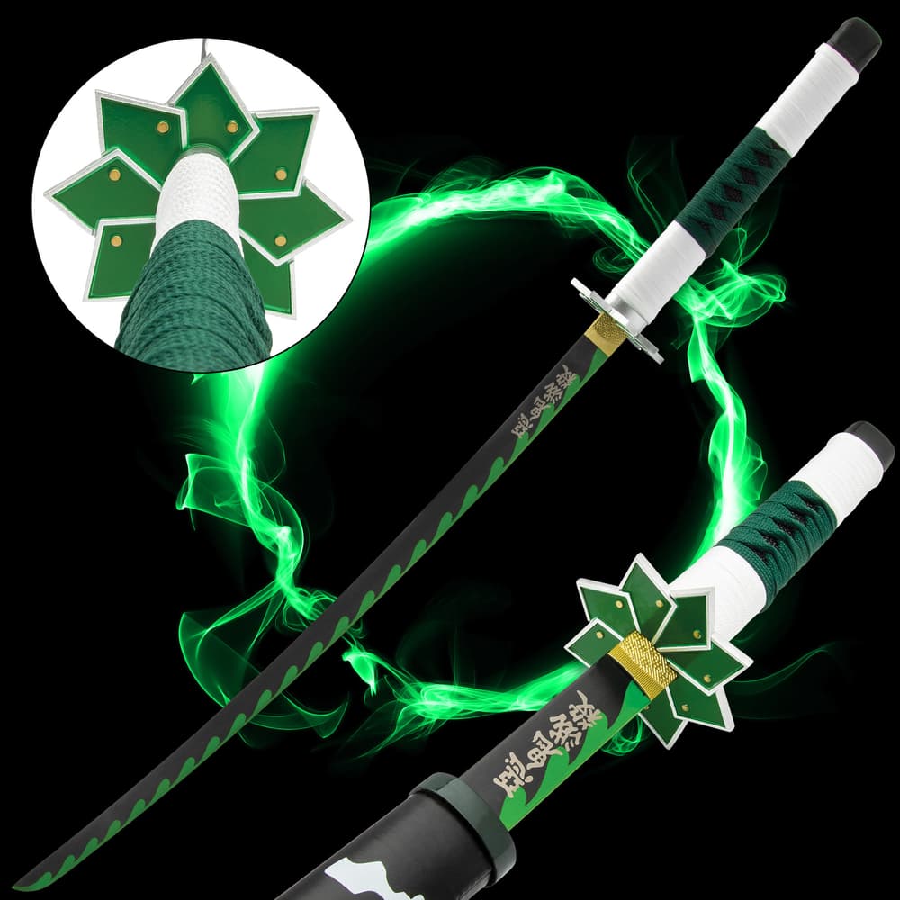 The Sanemi Shinazugawa Green And Black Dragon Slayer Sword makes a great addition to your anime weapons collection image number 0