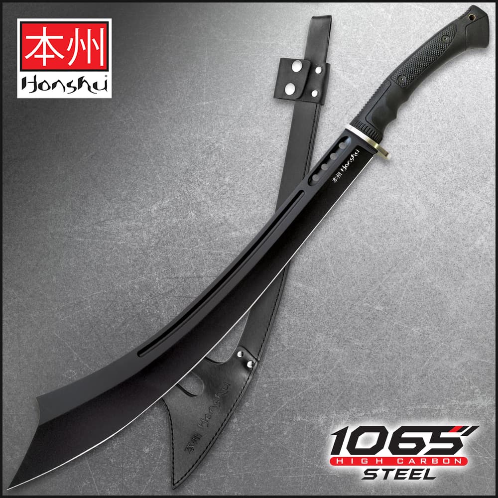 Honshu War Sword with black handle and blade shown laying on a tactical vest. image number 0