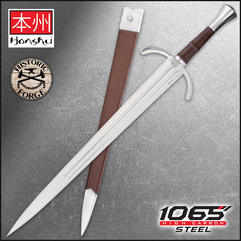 Honshu 1065 high carbon steel sword with wooden handle wrapped in brown leather attached to polished handguard image number 0