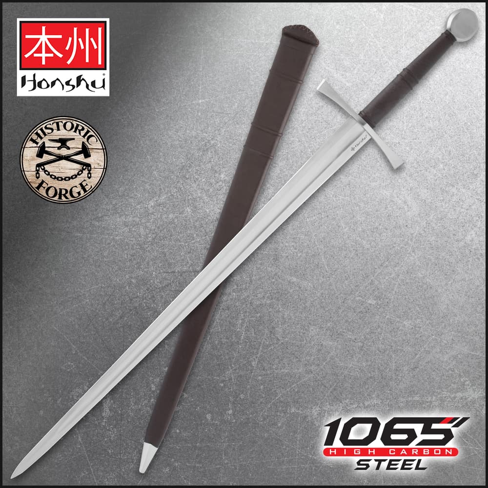 The Honshu Historic Forge 15th Century Bastard Sword shown both in and out of its sheath, with the Honshu and Historic Forge logos along with the '1065 steel' text. image number 0