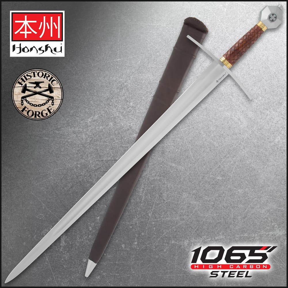 Full view of the Honshu Historic Forge Templar Sword, both in and out of sheath, next to the “Honshu” and “Historic Forge” logos with “1065 Carbon Steel” text. image number 0