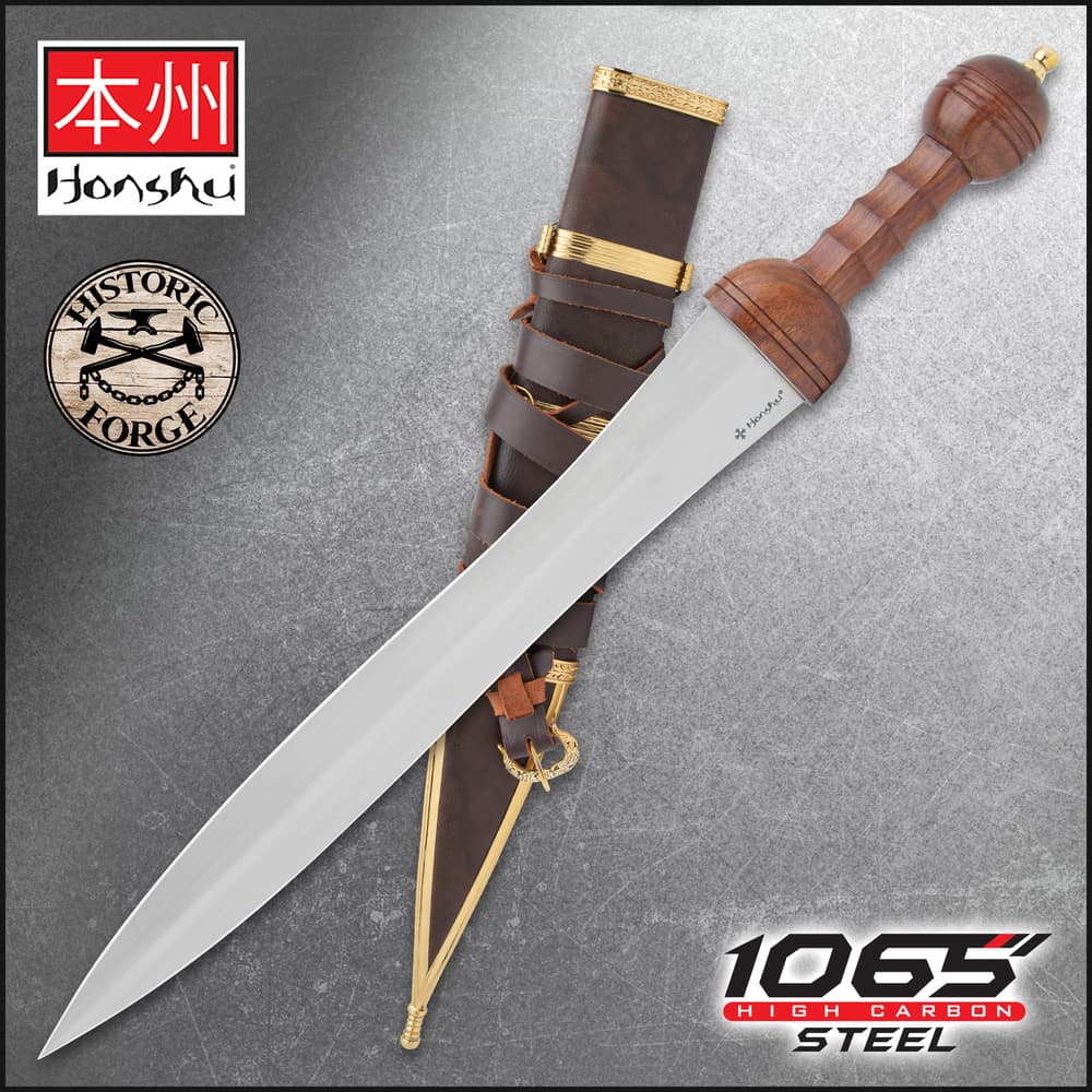 The Honshu Historic Forge Roman Mainz Pattern Gladius is shown both in and out of its scabbard next to the “Honshu” and “Historic Forge” logos. image number 0