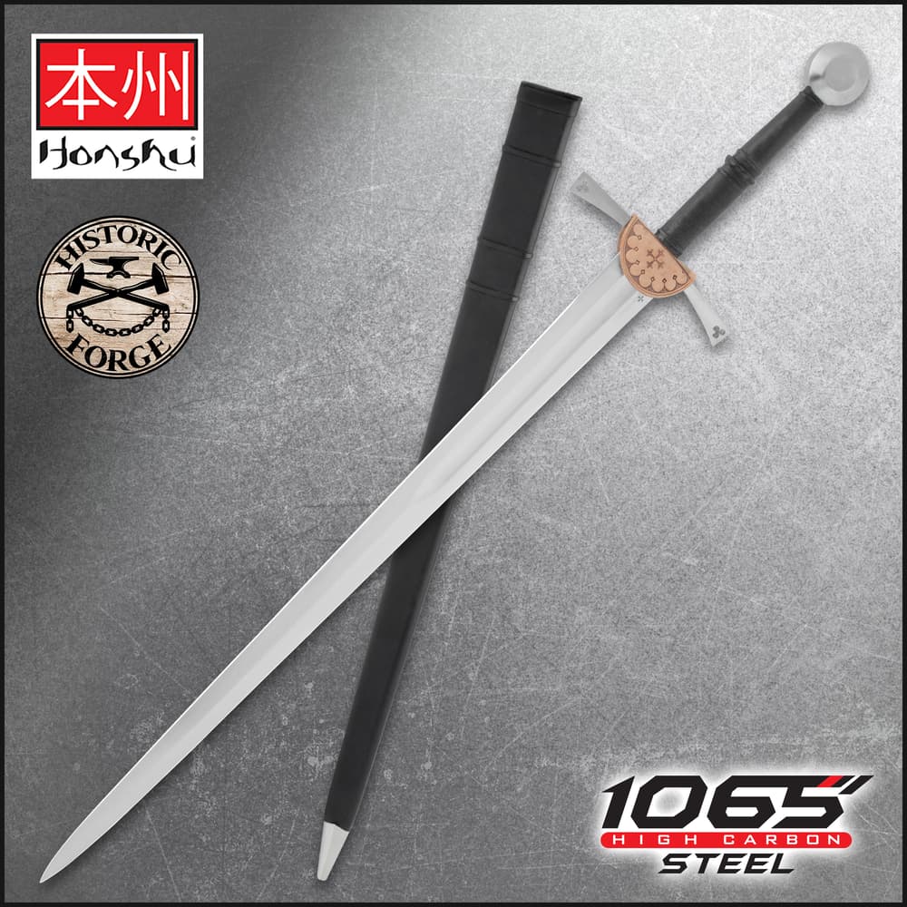 The Honshu Historic Forge German Long Sword is shown both in and out of its black leather sheath, next to images of the “Honshu,” “Historic Forge,” and “1065 Carbon Steel” logos. image number 0