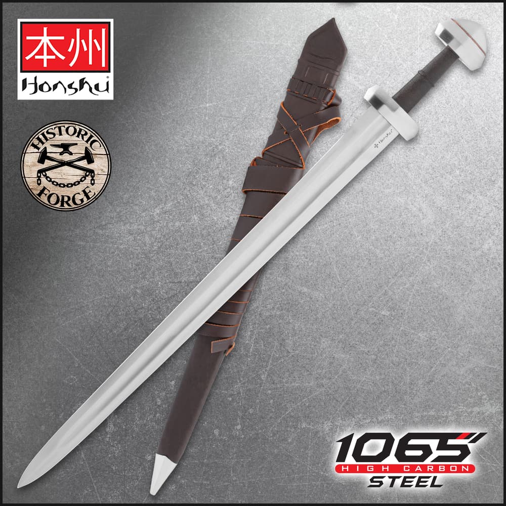 Full view of the Honshu Historic Forge Viking Sword, shown both in and out of its sheath, next to the “Honshu,” “Historic Forge”, and “1065 Carbon Steel” logos. image number 0