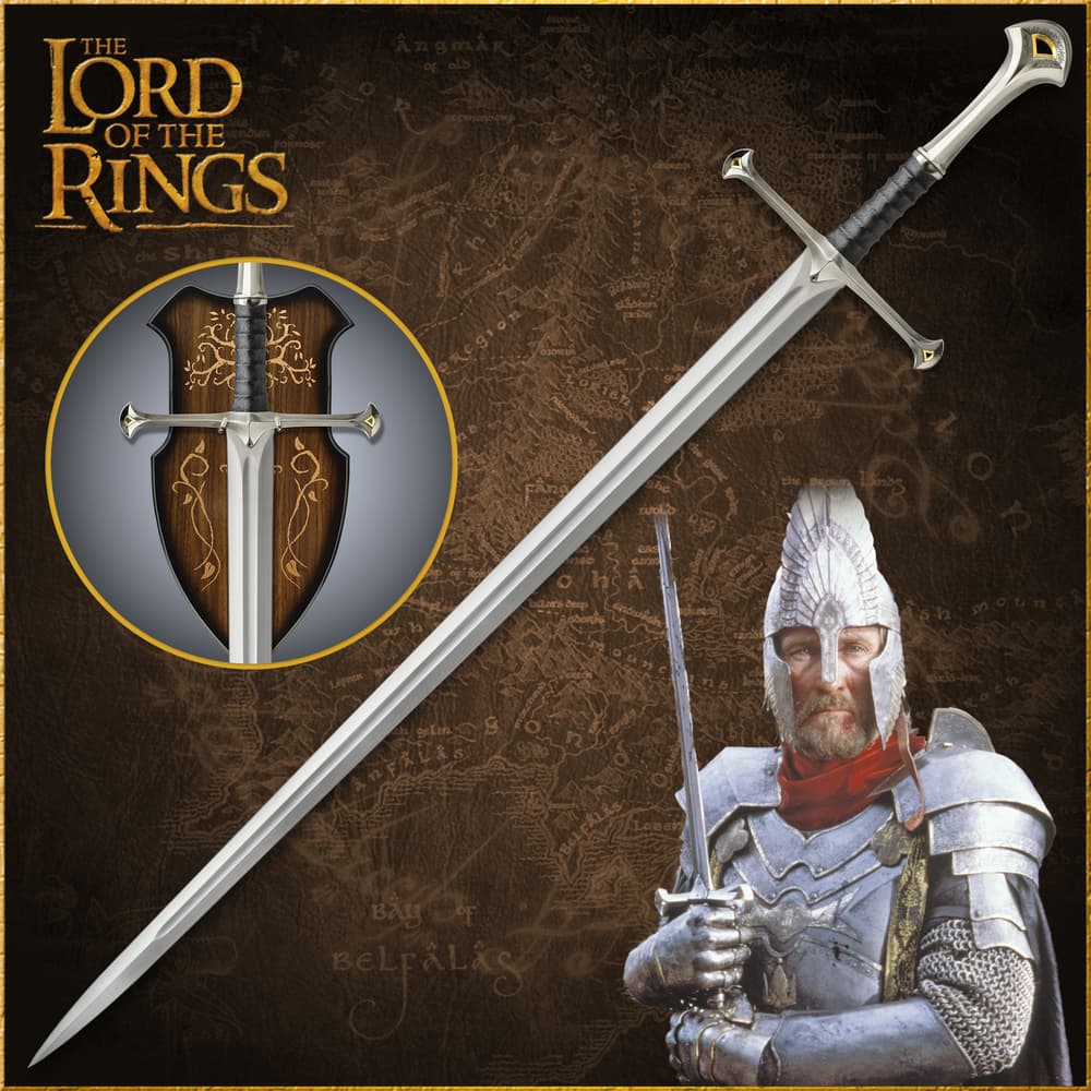 The Lord of the Rings Narsil sword is shown in full detail, hanging from wooden wall plaque and with a closer look at the leather wrapped handle. image number 0