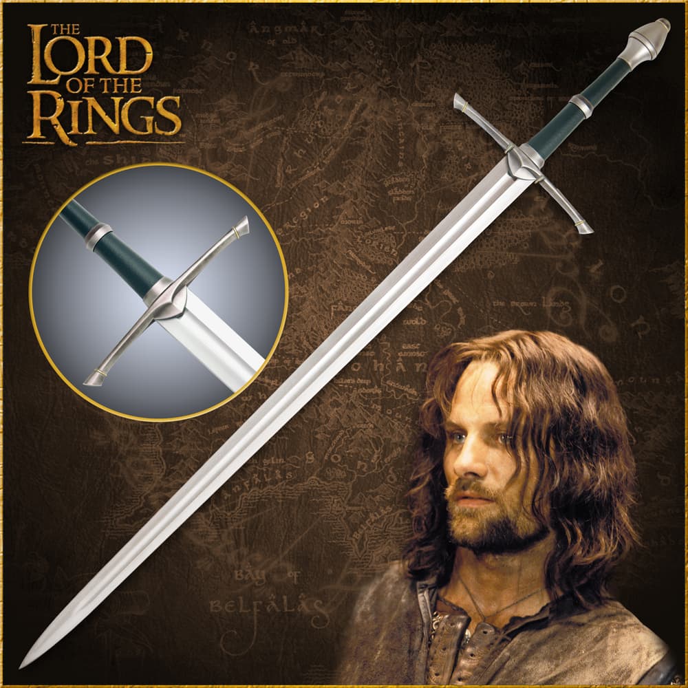 The Lord of the Rings Sword of Strider shown in full, with an up close look at the green leather wrapped grip, and hanging from a wooden wall plaque. image number 0