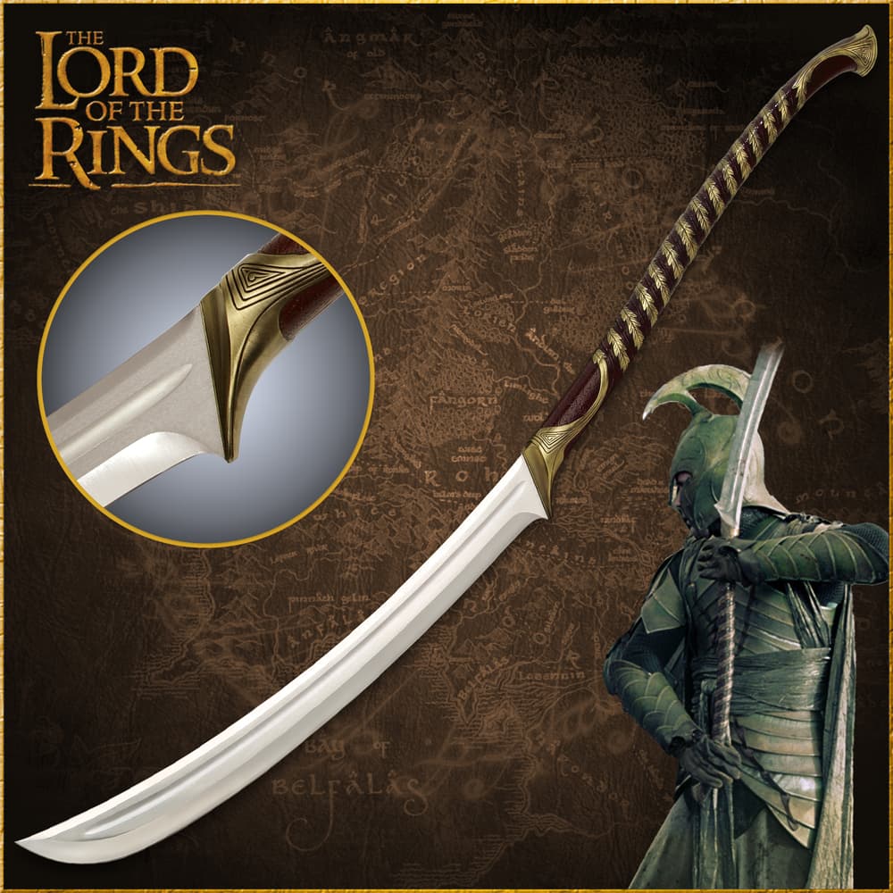 The Lord of the Rings High Elven warrior sword shown in different views, with attention to the gold vine grip details and displayed on a wall plaque. image number 0