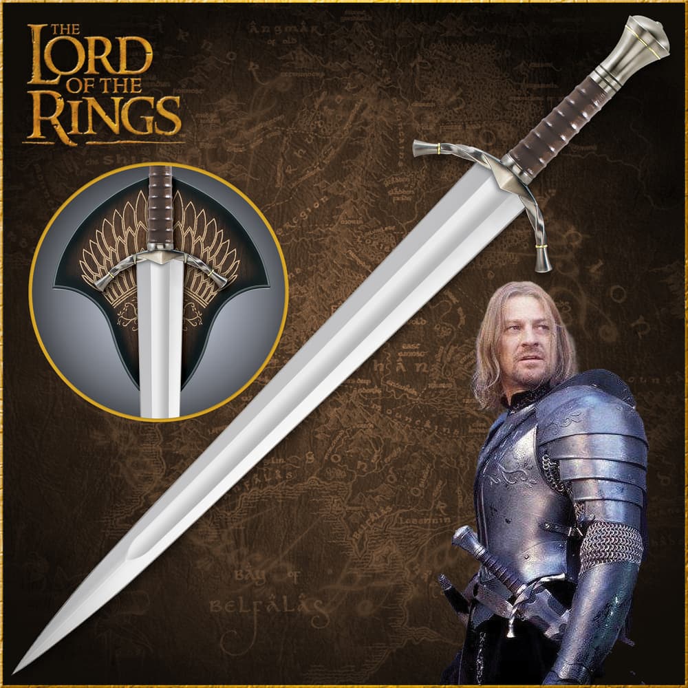 The Lord of the Rings sword of Boromir shown in full and hanging from a decorative wooden plaque. image number 0