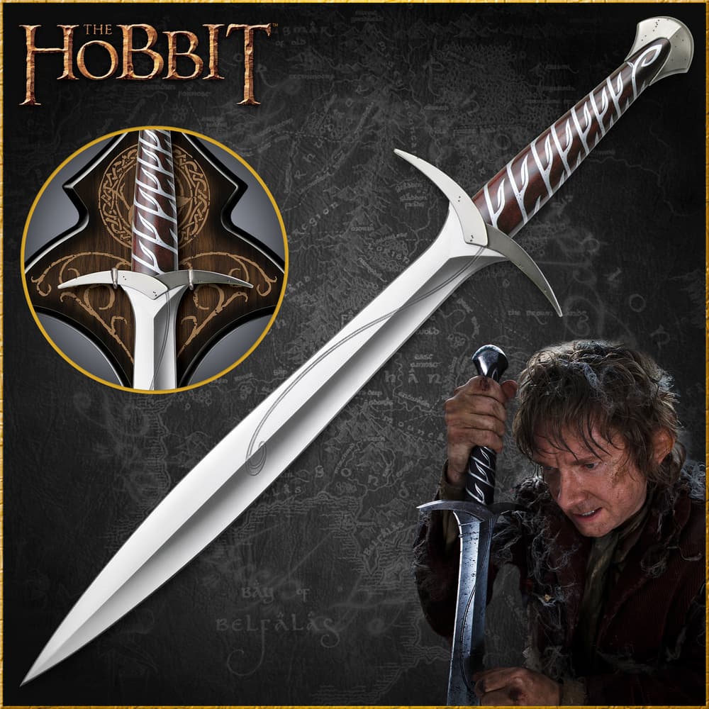 The Hobbit Sting sword shown held by character Bilbo Baggins, in full view with detailed vine grip, and on wooden wall plaque. image number 0