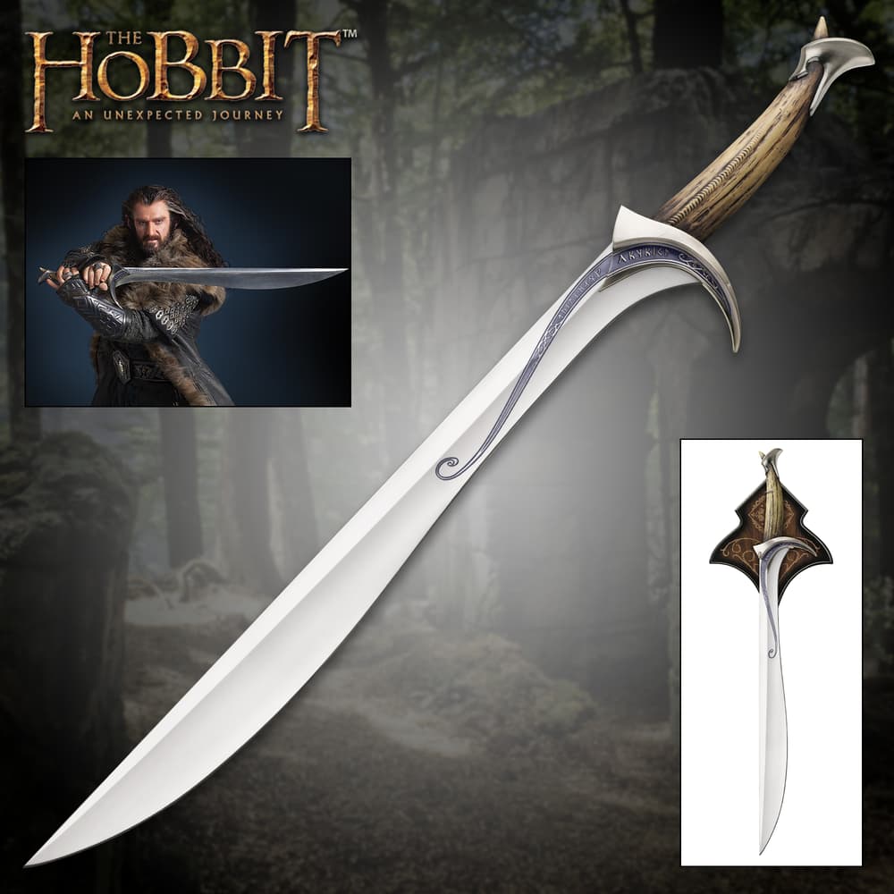The Hobbit Orcrist sword shown held by character Thorin Oakenshield and with detailed views of metal hilt and wooden wall plaque. image number 0